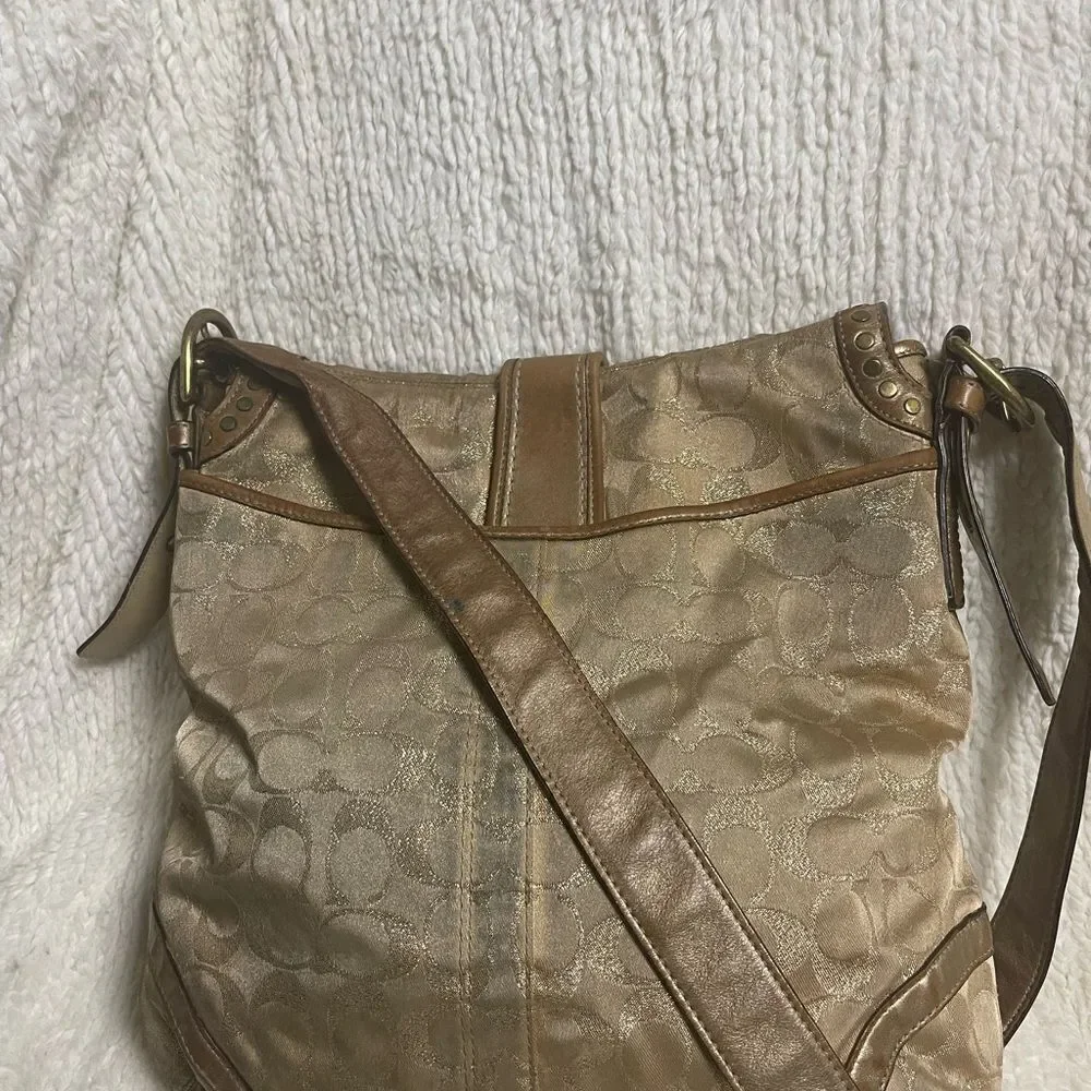 Coach Metallic Fabric Gold Signature Lured Studded Crossbody Bag  leather trims